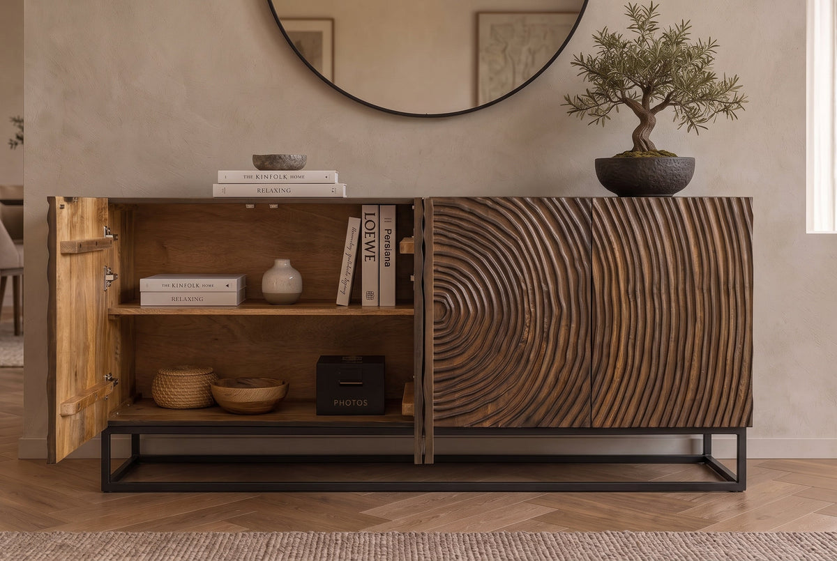 Buffet massif ZEN CIRCLES 160cm bois de manguier marron foncé design 3D