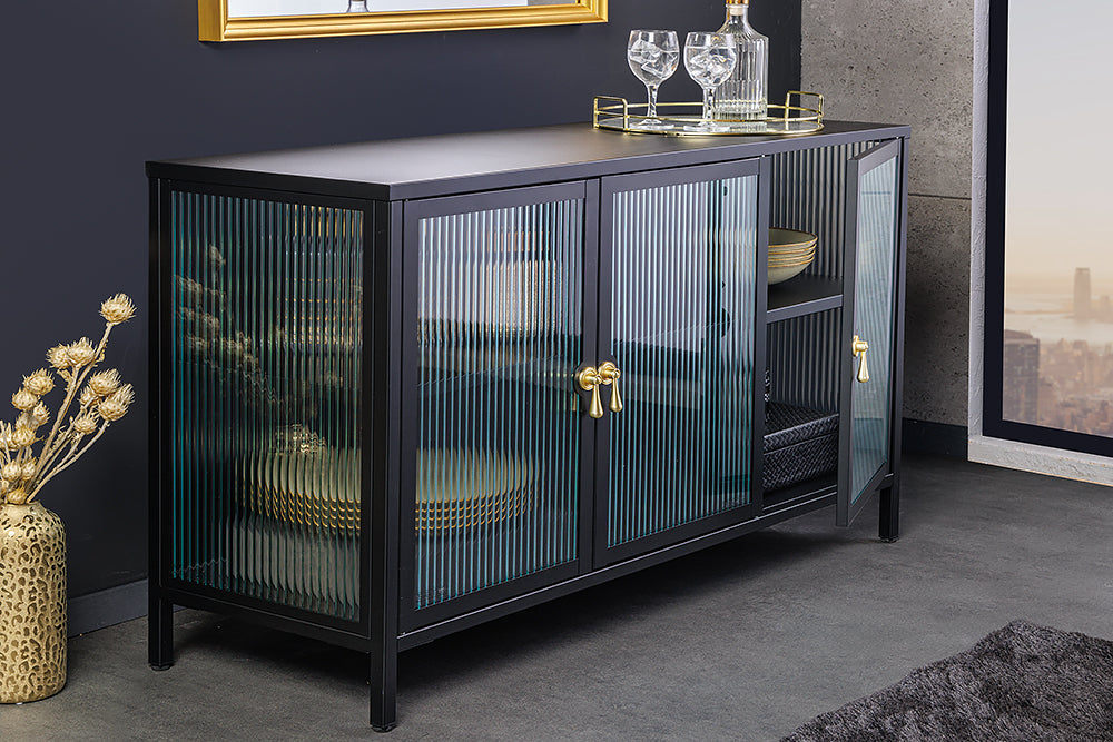 Buffet moderne AMSTERDAM 105cm vitrine en métal verre nervuré noir doré