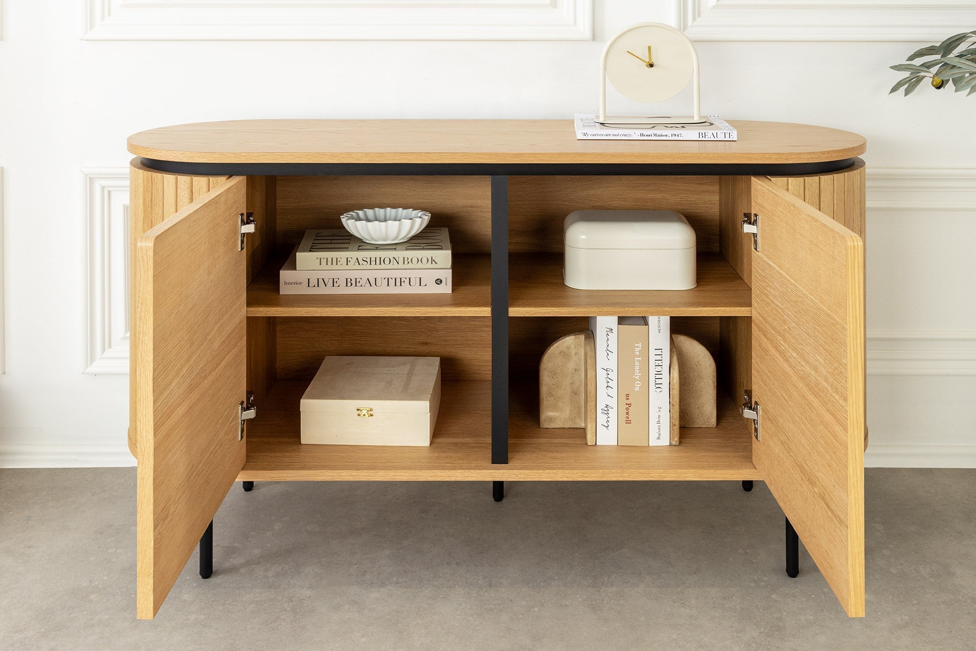 Buffet moderne ATELIER 120cm chêne naturel métal noir quatre compartiments