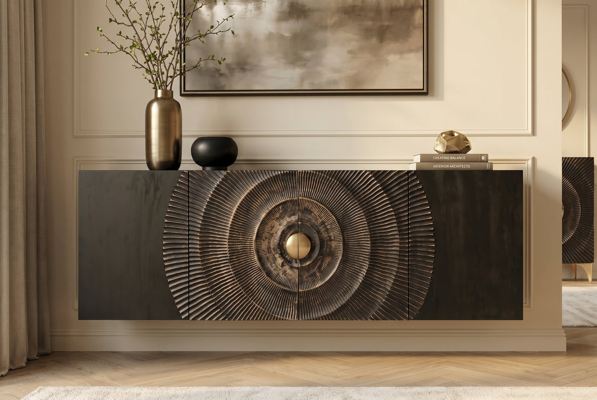 Buffet suspendu GOLDEN SUNSET 180cm noir avec sculptures 3D or bois de manguier massif fait main
