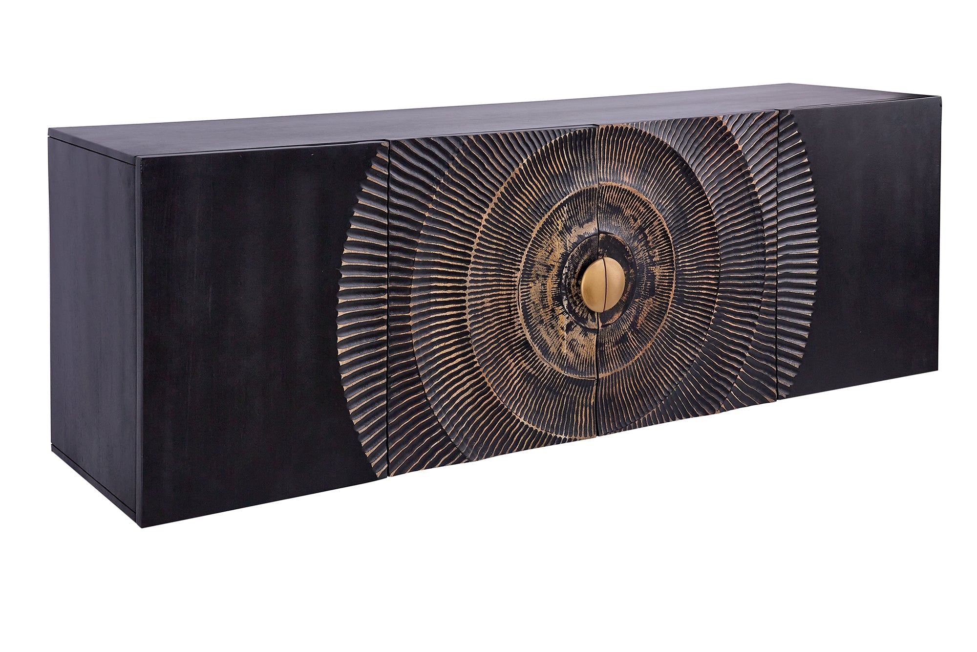 Buffet suspendu GOLDEN SUNSET 180cm noir avec sculptures 3D or bois de manguier massif fait main
