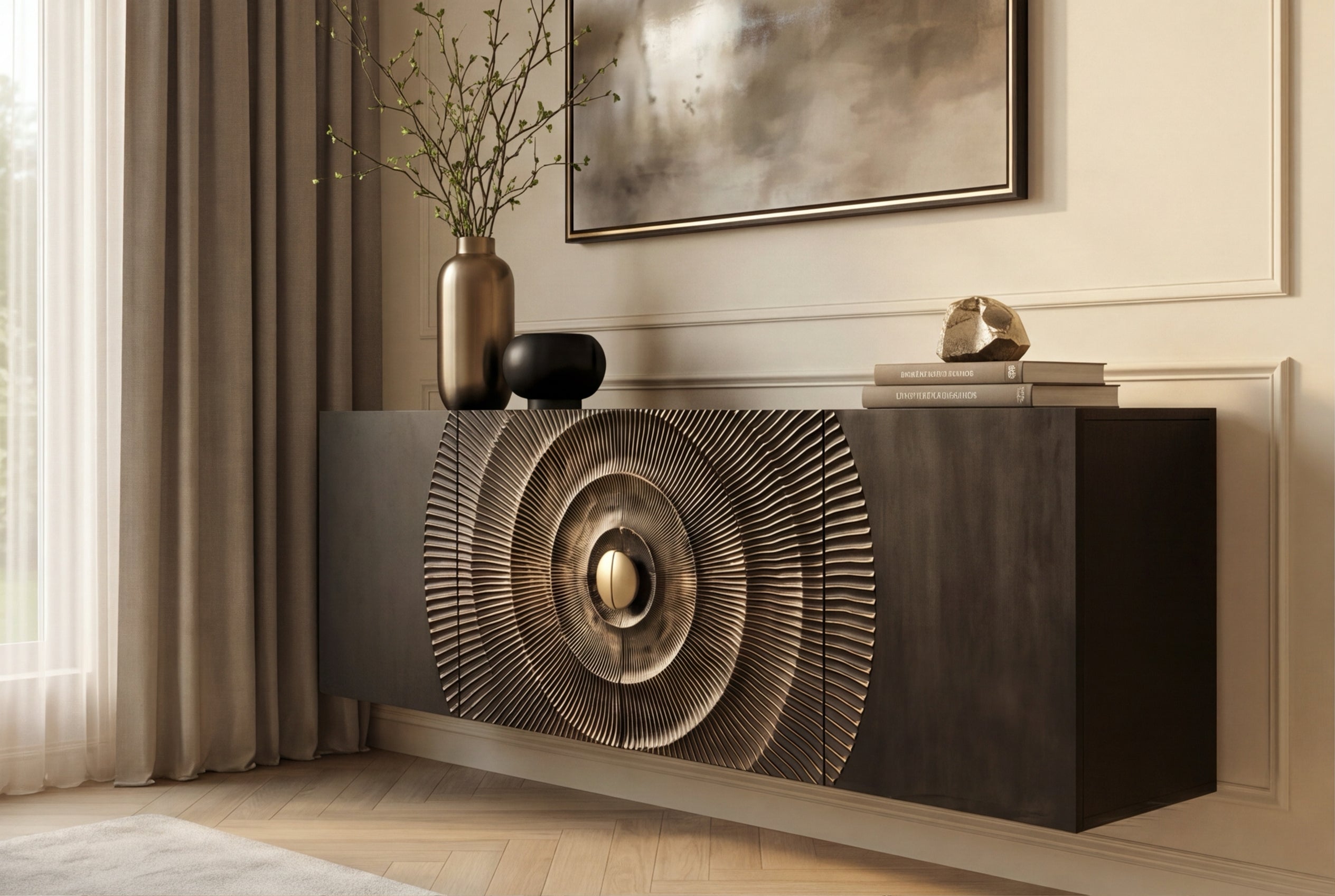 Buffet suspendu GOLDEN SUNSET 180cm noir avec sculptures 3D or bois de manguier massif fait main