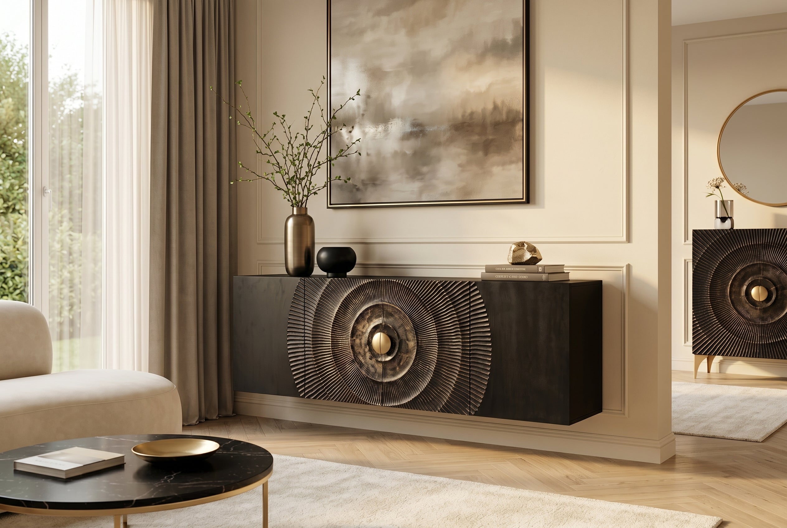 Buffet suspendu GOLDEN SUNSET 180cm noir avec sculptures 3D or bois de manguier massif fait main