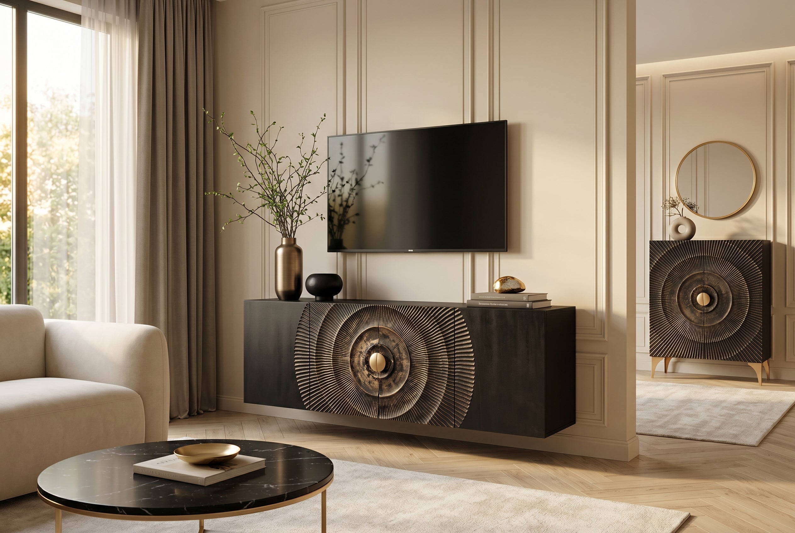 Buffet suspendu GOLDEN SUNSET 180cm noir avec sculptures 3D or bois de manguier massif fait main