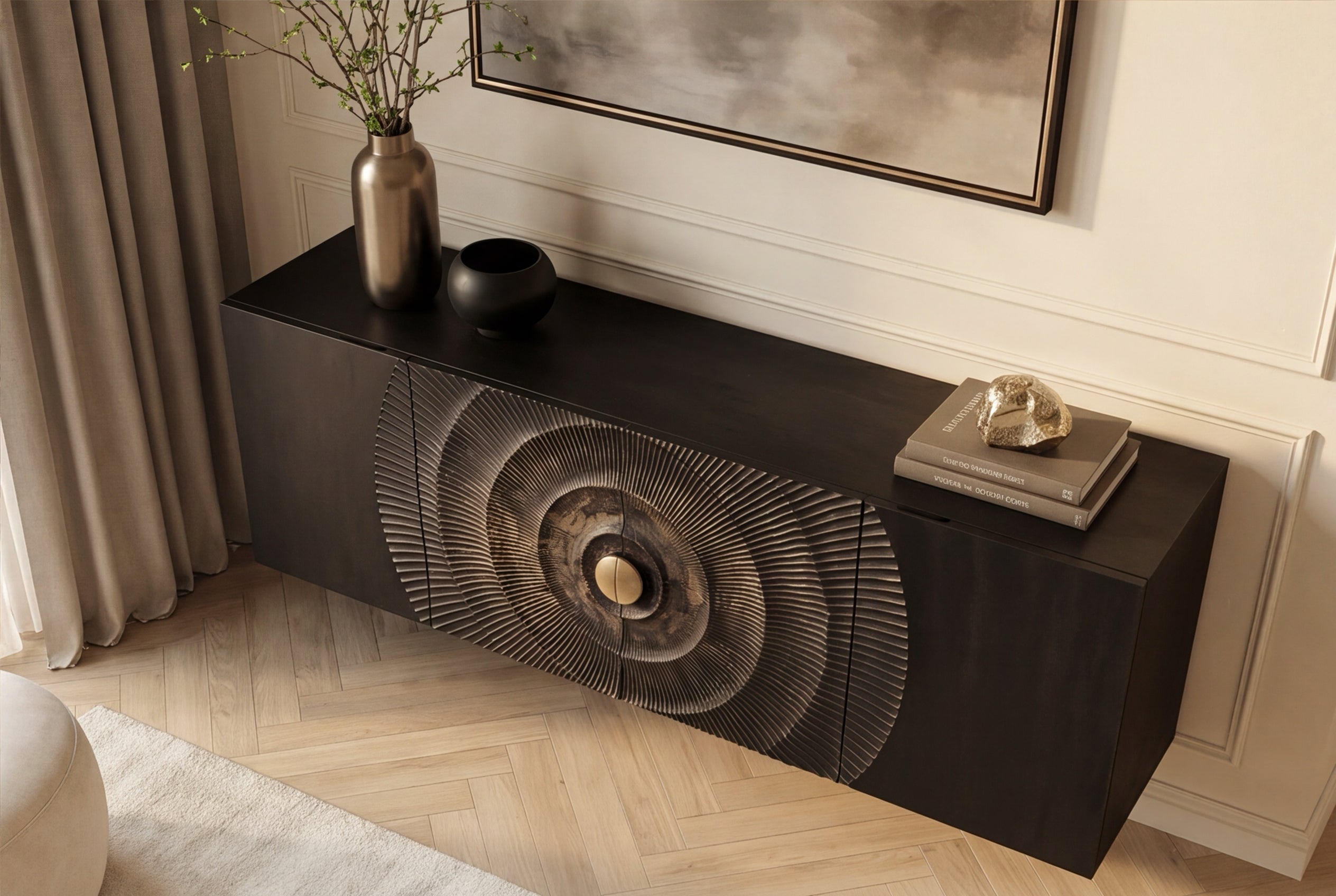 Buffet suspendu GOLDEN SUNSET 180cm noir avec sculptures 3D or bois de manguier massif fait main