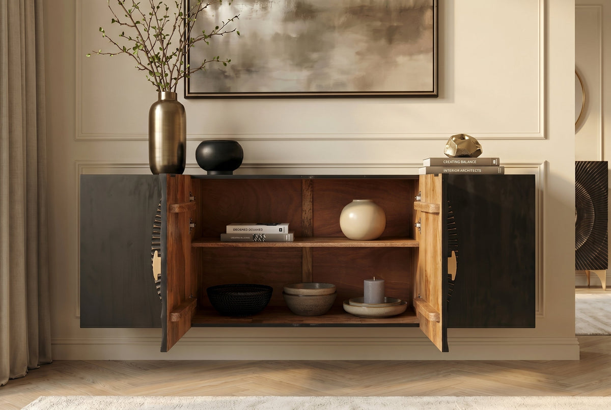 Buffet suspendu GOLDEN SUNSET 180cm noir avec sculptures 3D or bois de manguier massif fait main