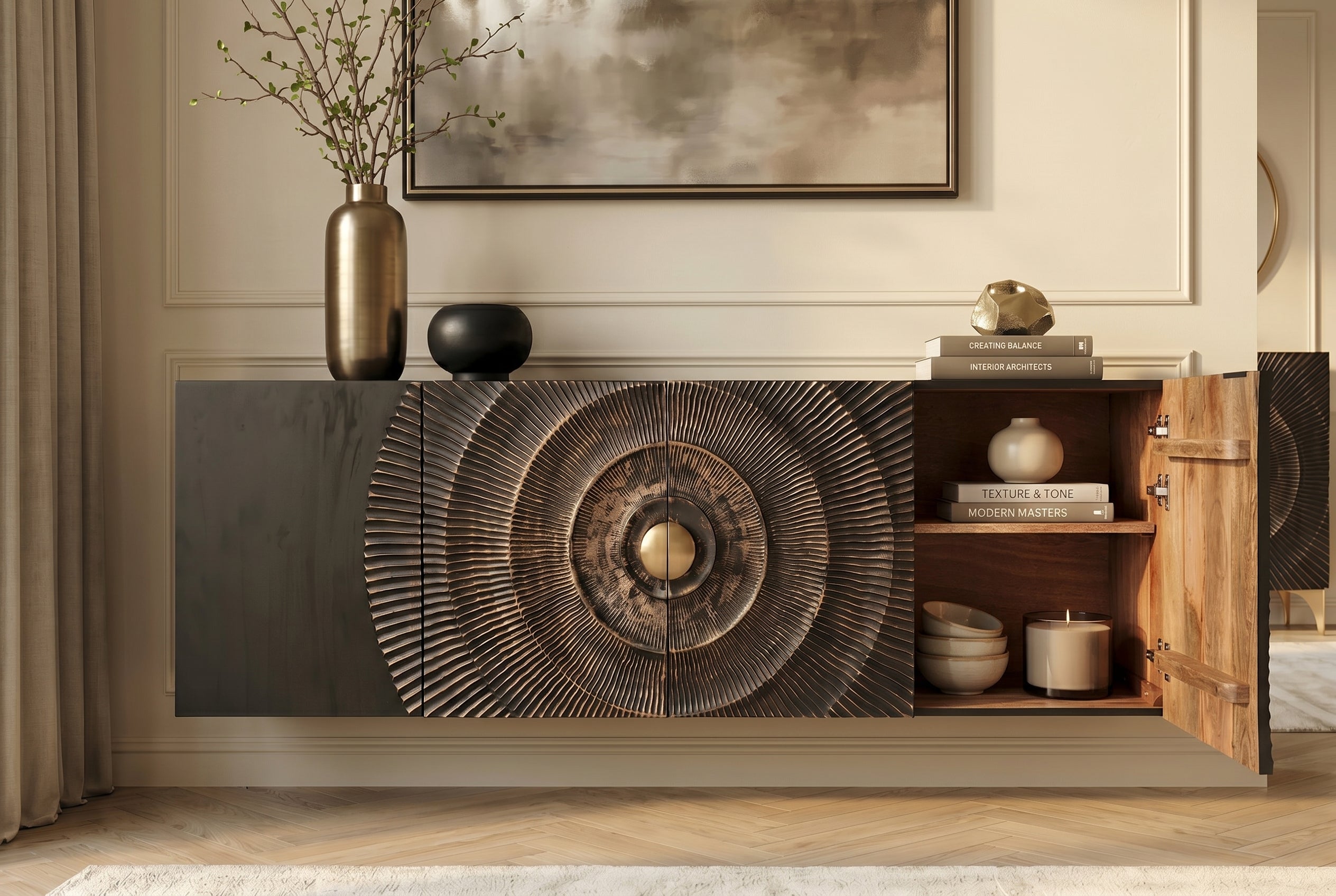 Buffet suspendu GOLDEN SUNSET 180cm noir avec sculptures 3D or bois de manguier massif fait main
