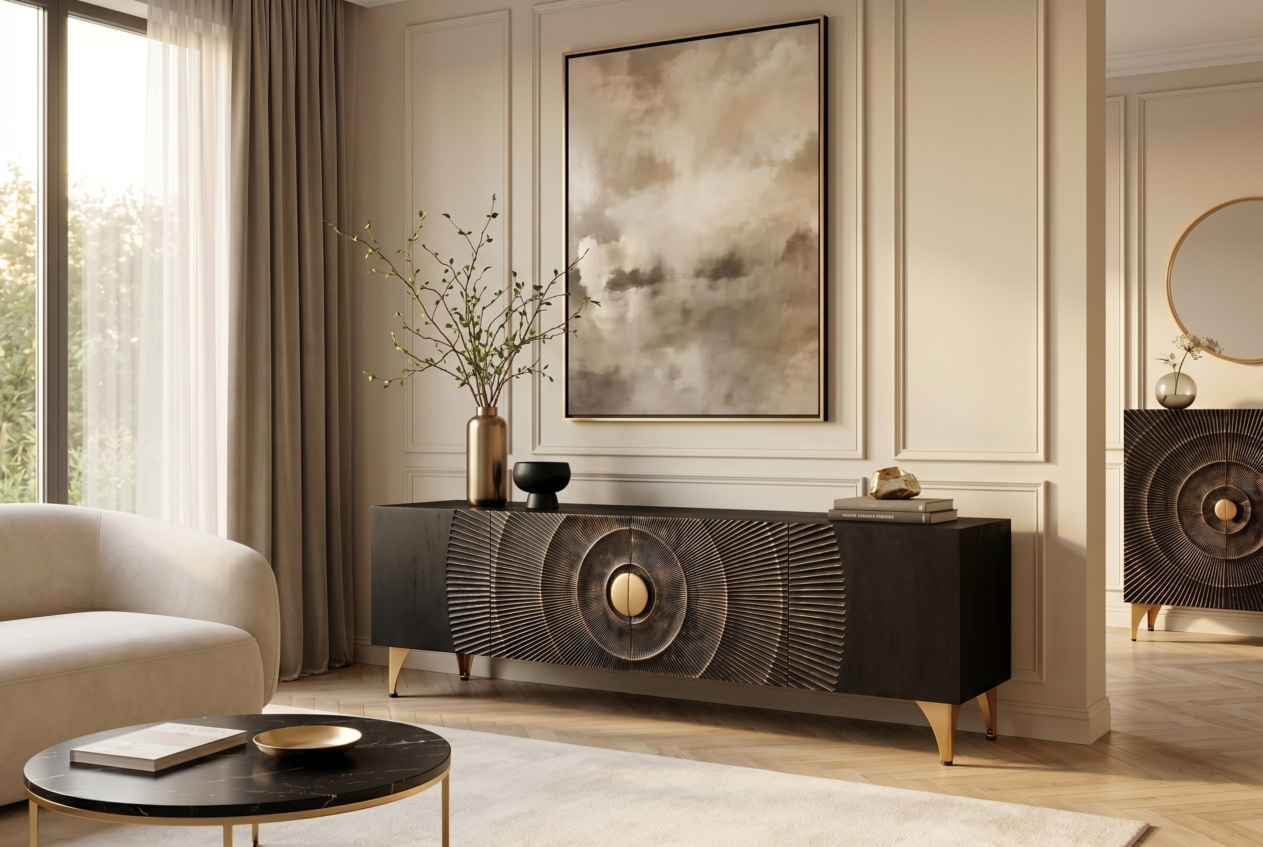 Buffet TV artisanal GOLDEN SUNSET 180cm noir avec sculptures 3D pieds en métal en bois de manguier massif doré