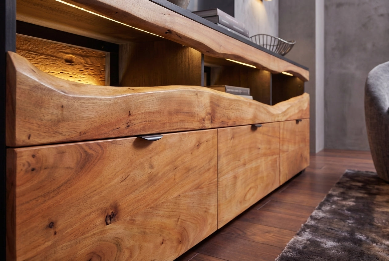 Buffet TV en bois massif GRAND ACACIA 180cm acacia marron avec éclairage LED bord d’arbre