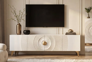 Buffet TV massif GOLDEN SUNSET 180cm or blanc bois de manguier sculptures 3D pieds métal