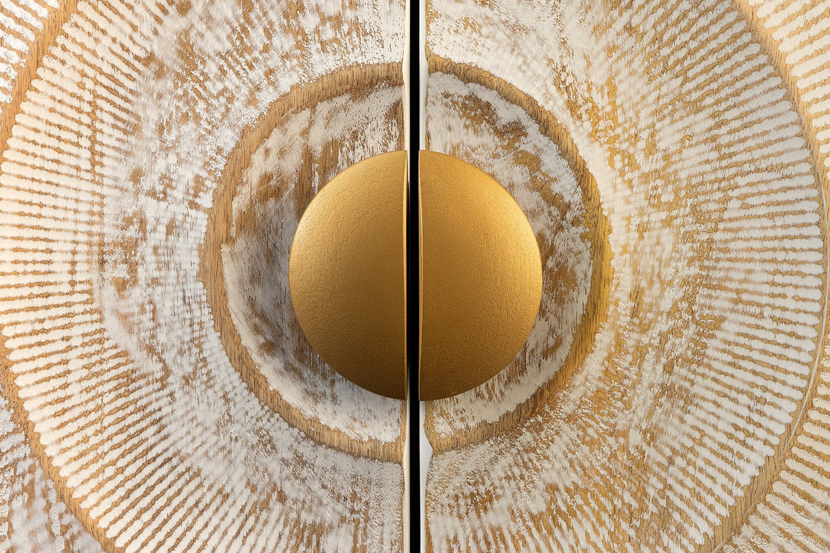 Buffet TV massif GOLDEN SUNSET 180cm or blanc bois de manguier sculptures 3D pieds métal