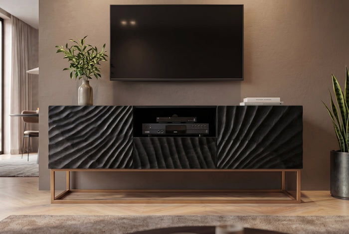 Buffet TV massif SCORPION 160cm en bois de manguier noir avec sculptures 3D élaborées