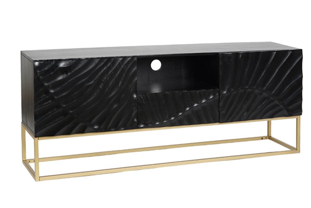 Buffet TV massif SCORPION 160cm en bois de manguier noir avec sculptures 3D élaborées