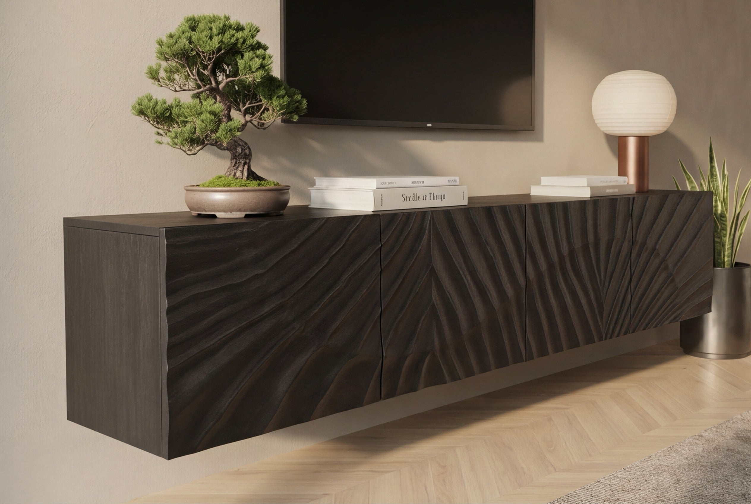 Buffet TV massif SCORPION 200cm noir suspendu en manguier design 3D