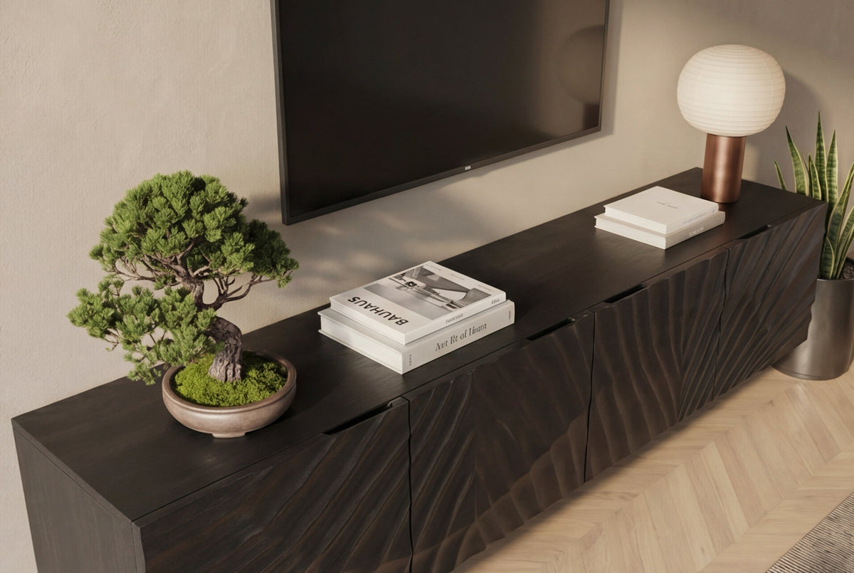Buffet TV massif SCORPION 200cm noir suspendu en manguier design 3D