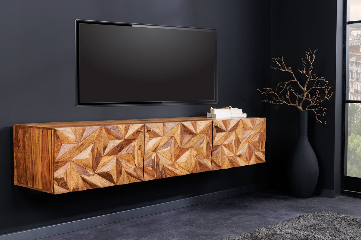 Buffet TV suspendu ALPINE 160cm marron Sheesham bois massif finition pierre métal doré