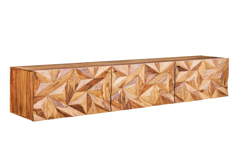 Buffet TV suspendu ALPINE 160cm marron Sheesham bois massif finition pierre métal doré