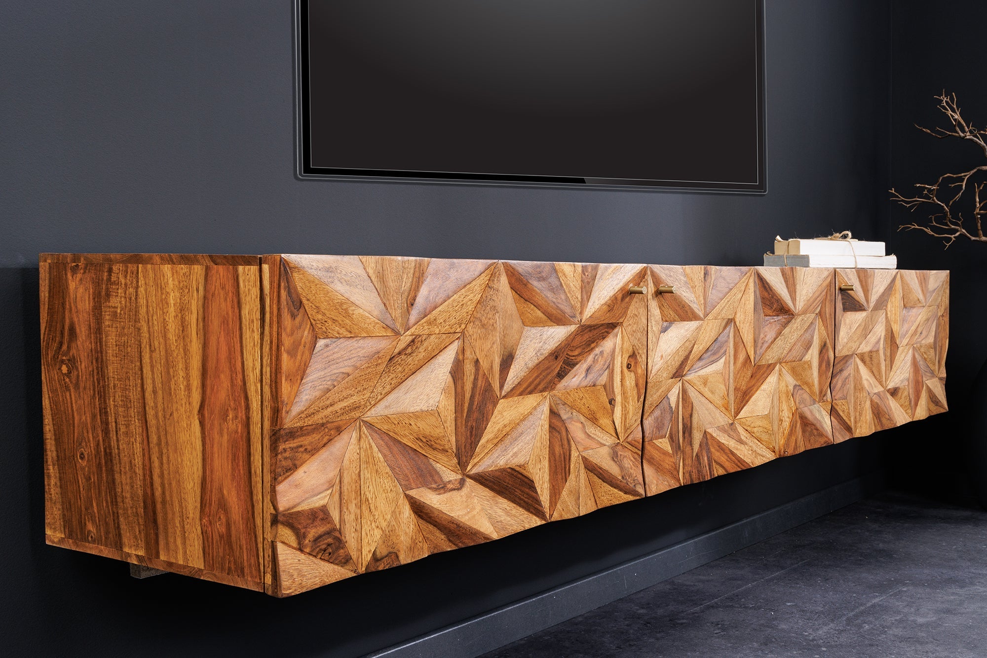 Buffet TV suspendu ALPINE 160cm marron Sheesham bois massif finition pierre métal doré
