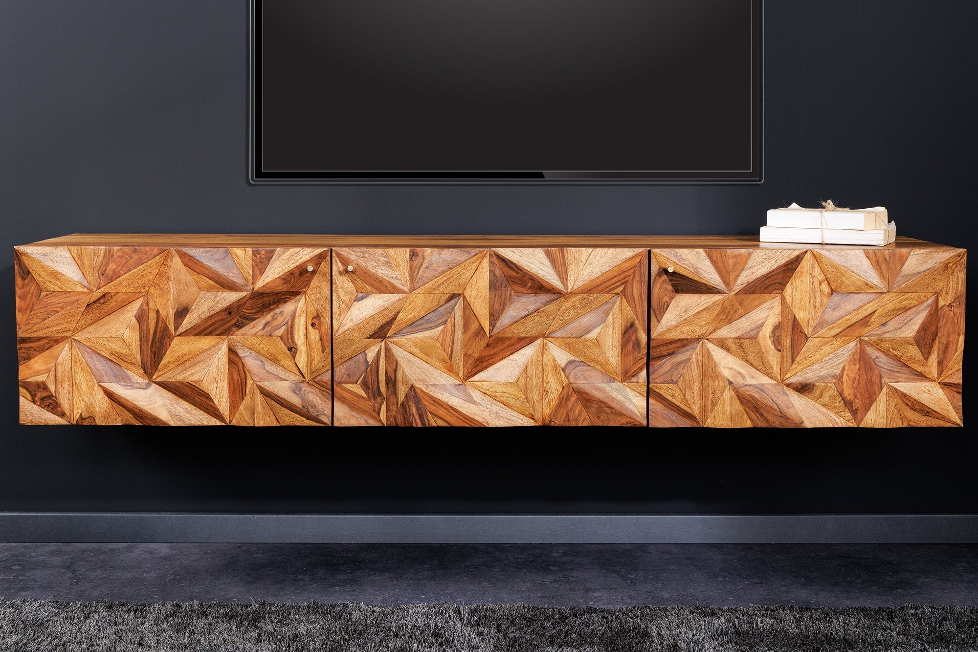 Buffet TV suspendu ALPINE 160cm marron Sheesham bois massif finition pierre métal doré