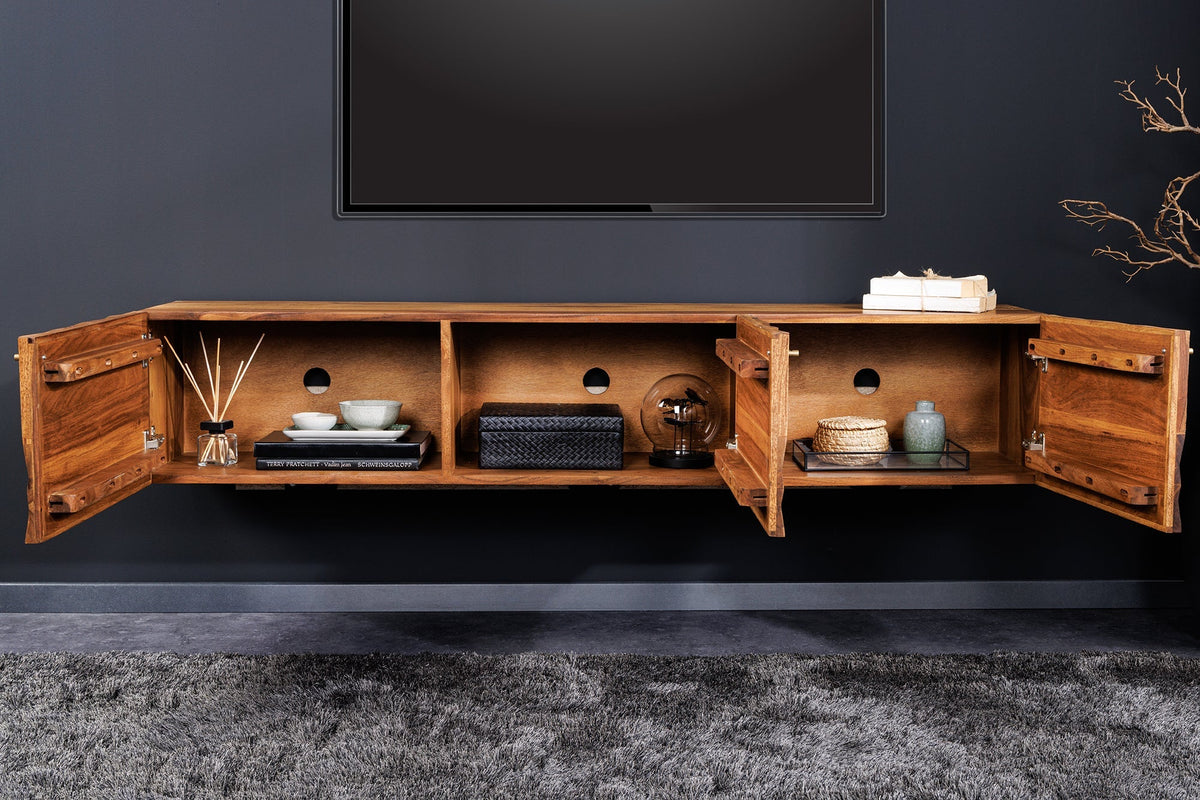 Buffet TV suspendu ALPINE 160cm marron Sheesham bois massif finition pierre métal doré