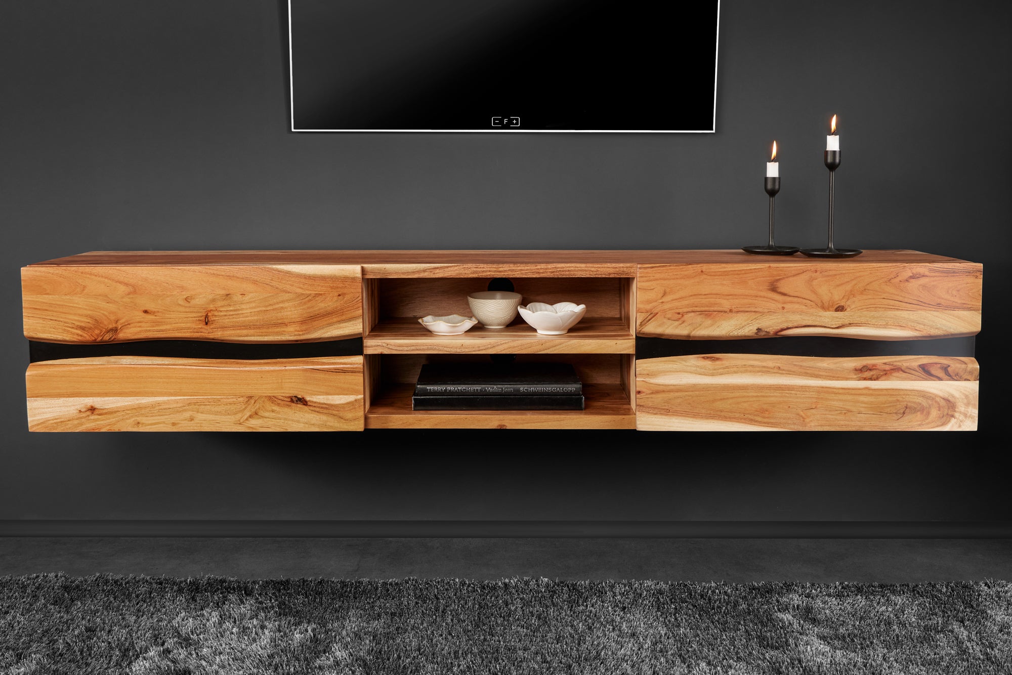 Buffet TV suspendu AMAZONAS 160cm bois massif d’acacia naturel bord d’arbre métal noir