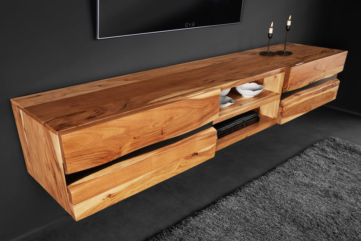 Buffet TV suspendu AMAZONAS 160cm bois massif d’acacia naturel bord d’arbre métal noir
