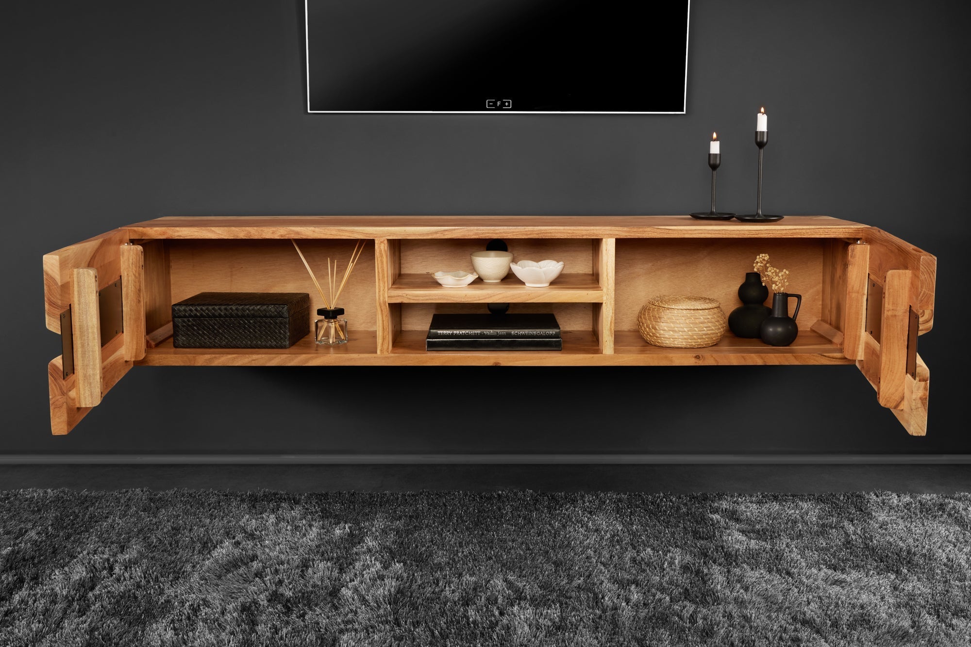 Buffet TV suspendu AMAZONAS 160cm bois massif d’acacia naturel bord d’arbre métal noir
