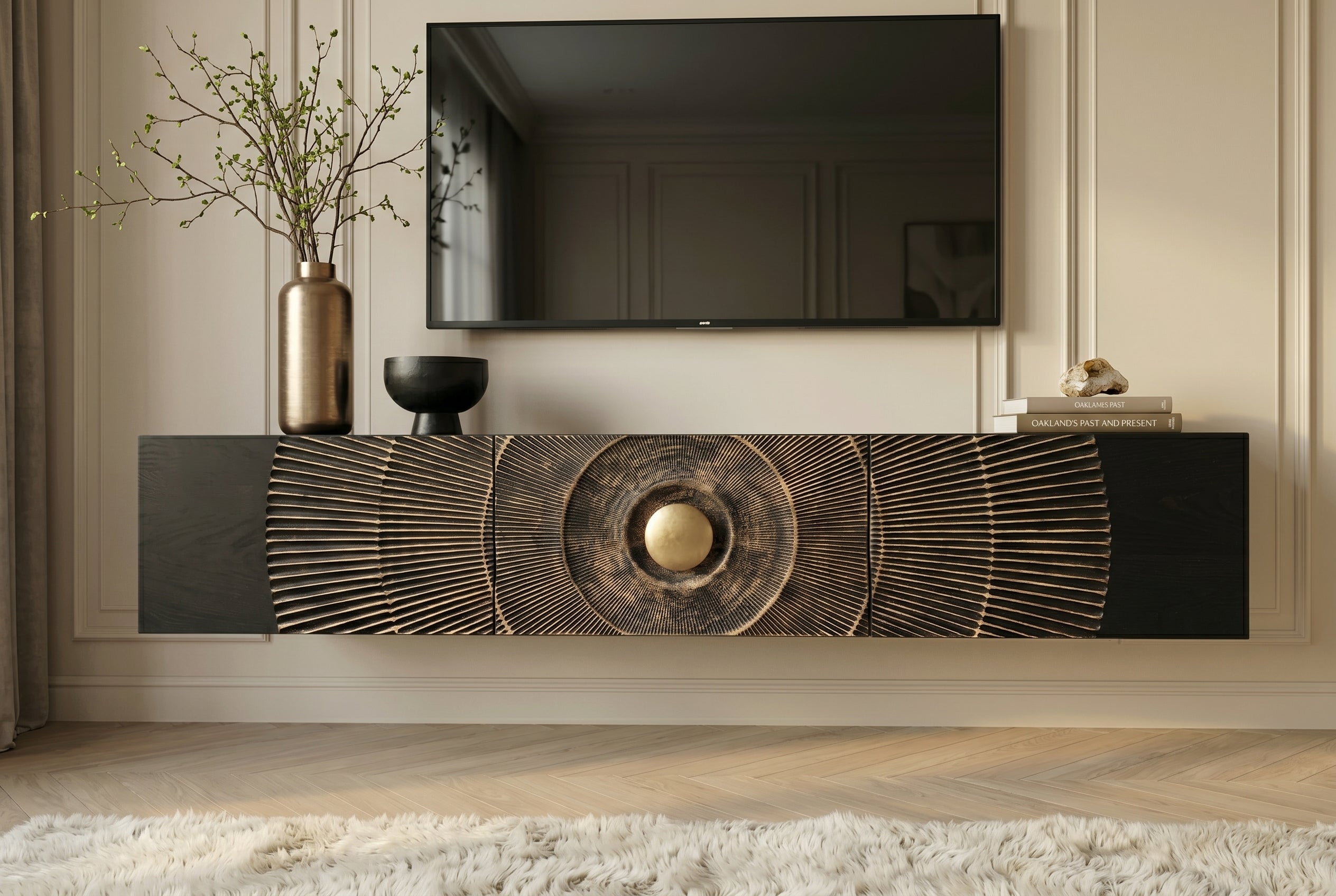 Buffet TV suspendu GOLDEN SUNSET 160cm en bois de manguier noir avec sculptures 3D dorées faites à la main