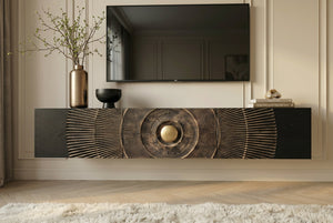 Buffet TV suspendu GOLDEN SUNSET 160cm en bois de manguier noir avec sculptures 3D dorées faites à la main