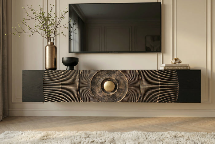 Buffet TV suspendu GOLDEN SUNSET 160cm en bois de manguier noir avec sculptures 3D dorées faites à la main