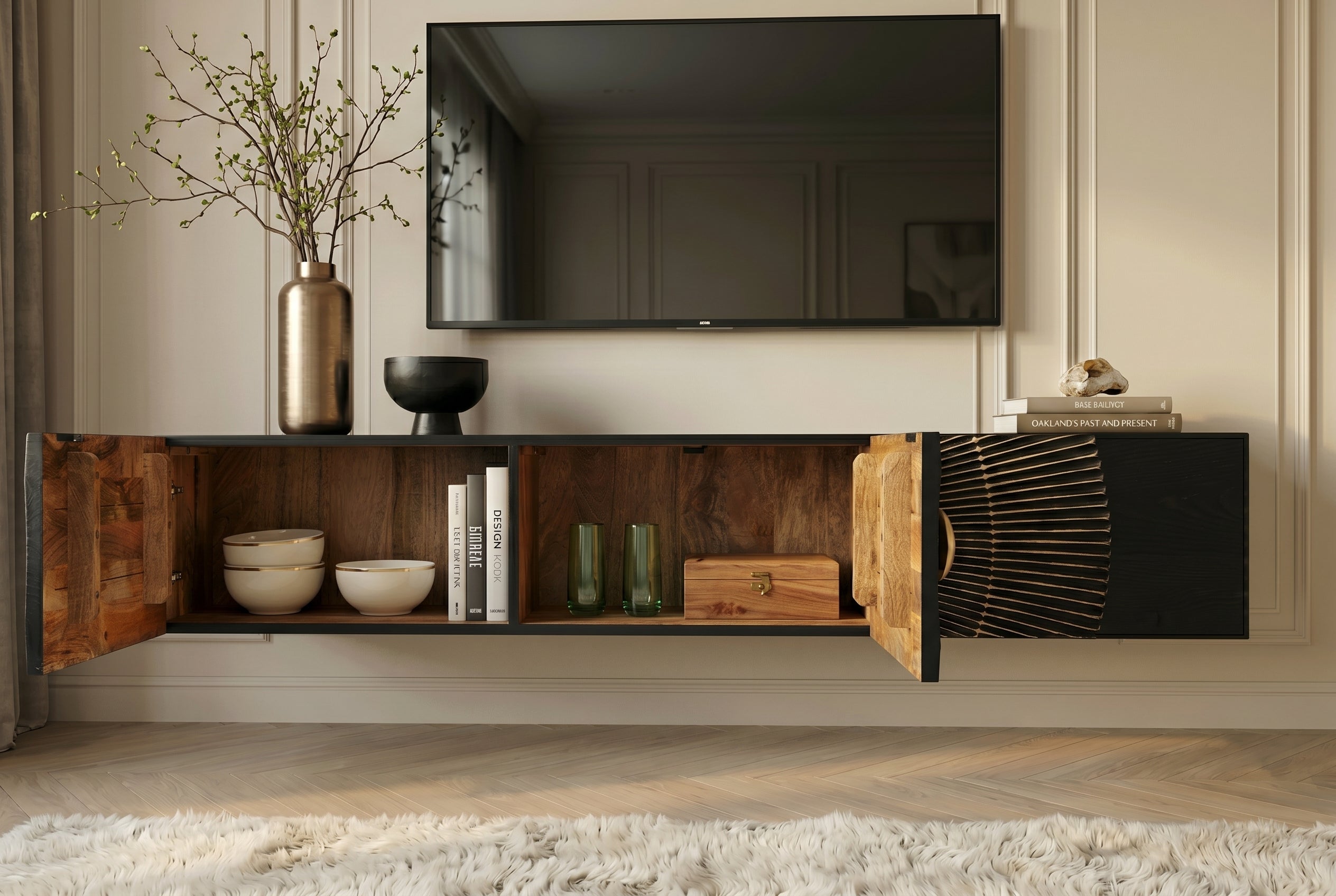 Buffet TV suspendu GOLDEN SUNSET 160cm en bois de manguier noir avec sculptures 3D dorées faites à la main