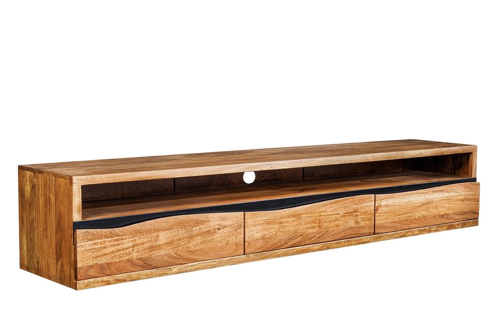 Buffet TV suspendu MAMMUT 160cm acacia marron finition miel bord d’arbre en bois massif