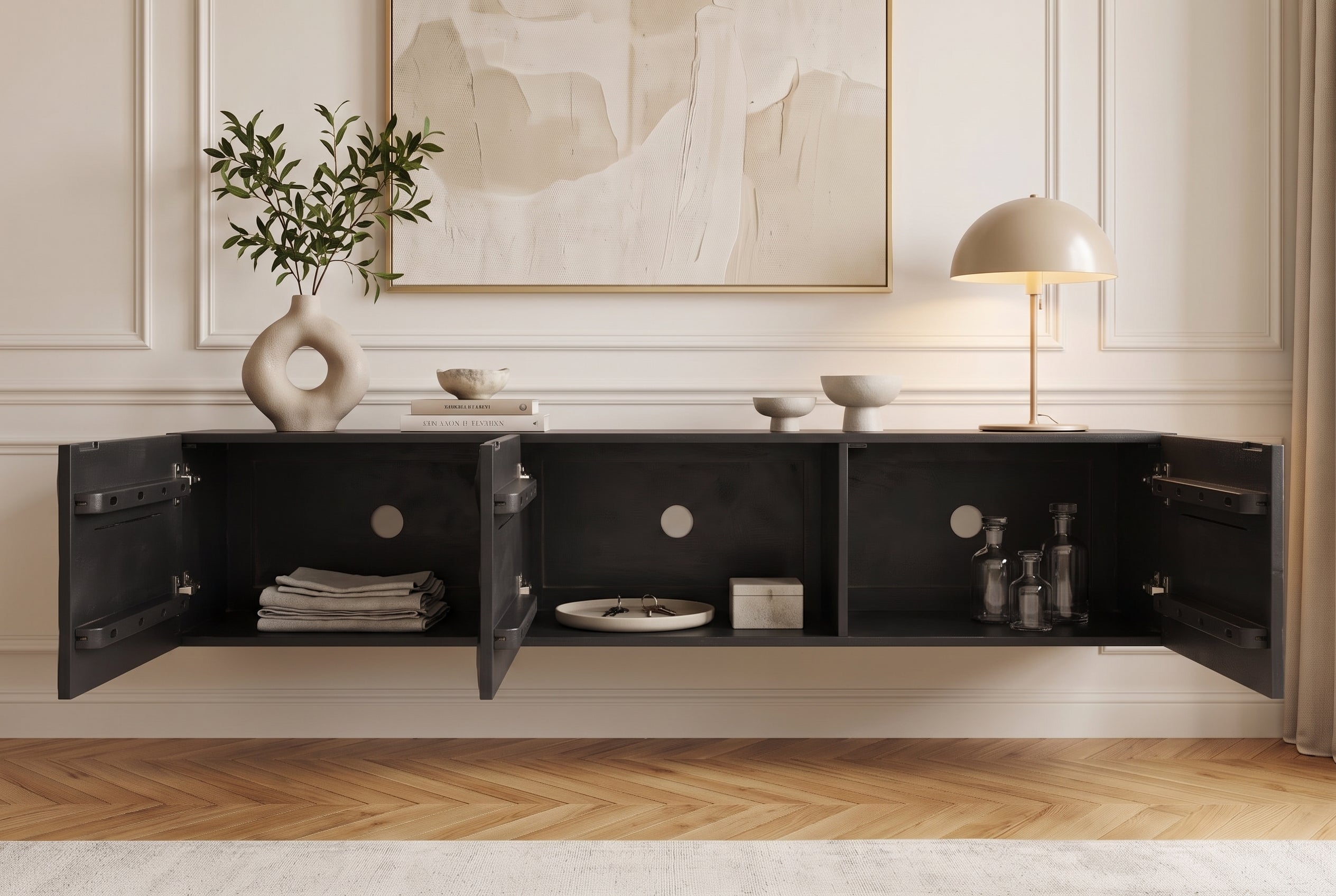 Buffet TV suspendu VULCANO 160cm bois de manguier massif noir