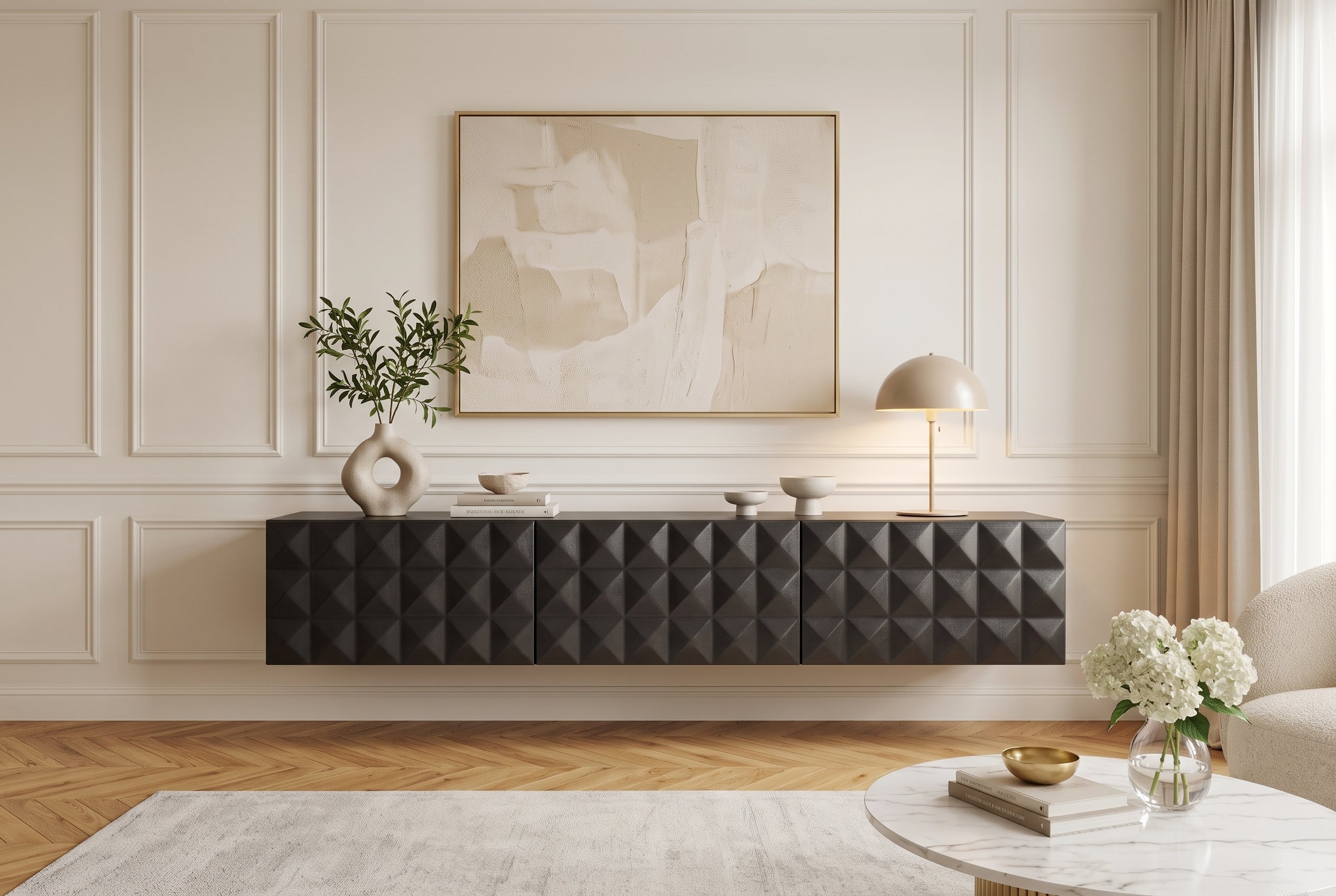 Buffet TV suspendu VULCANO 160cm bois de manguier massif noir