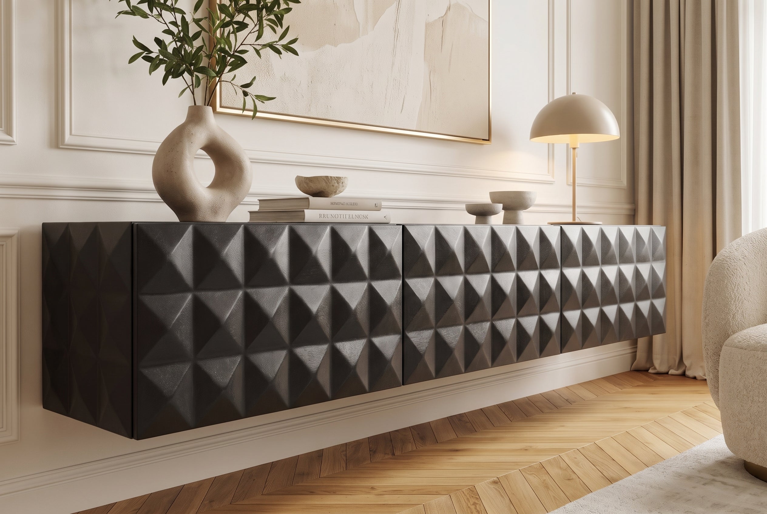 Buffet TV suspendu VULCANO 160cm bois de manguier massif noir
