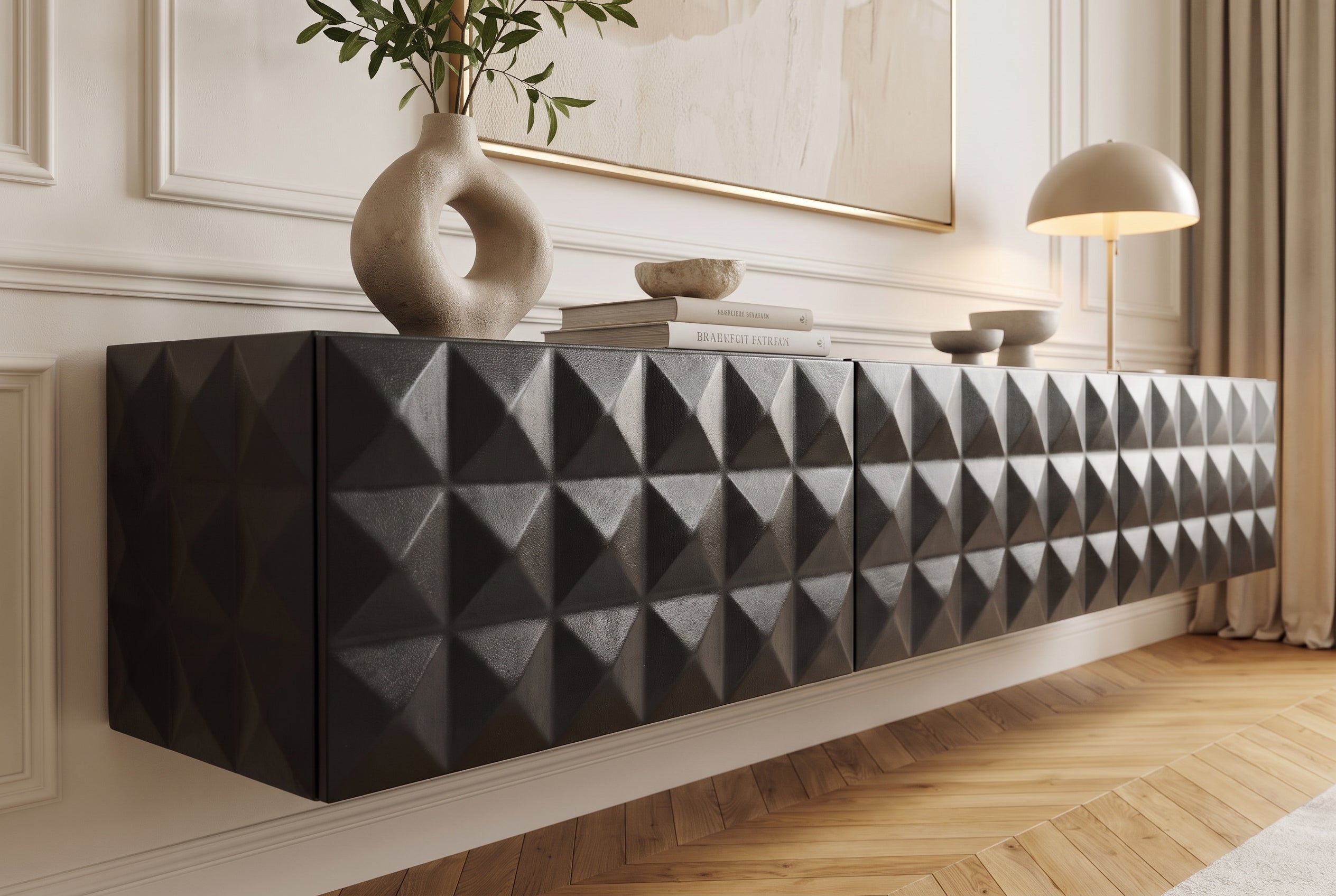 Buffet TV suspendu VULCANO 160cm bois de manguier massif noir