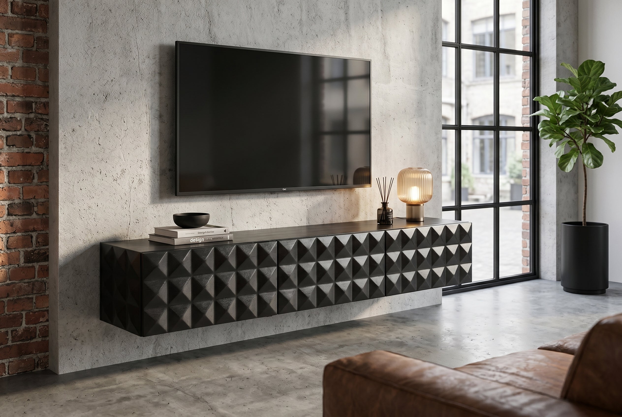 Buffet TV suspendu VULCANO 160cm bois de manguier massif noir