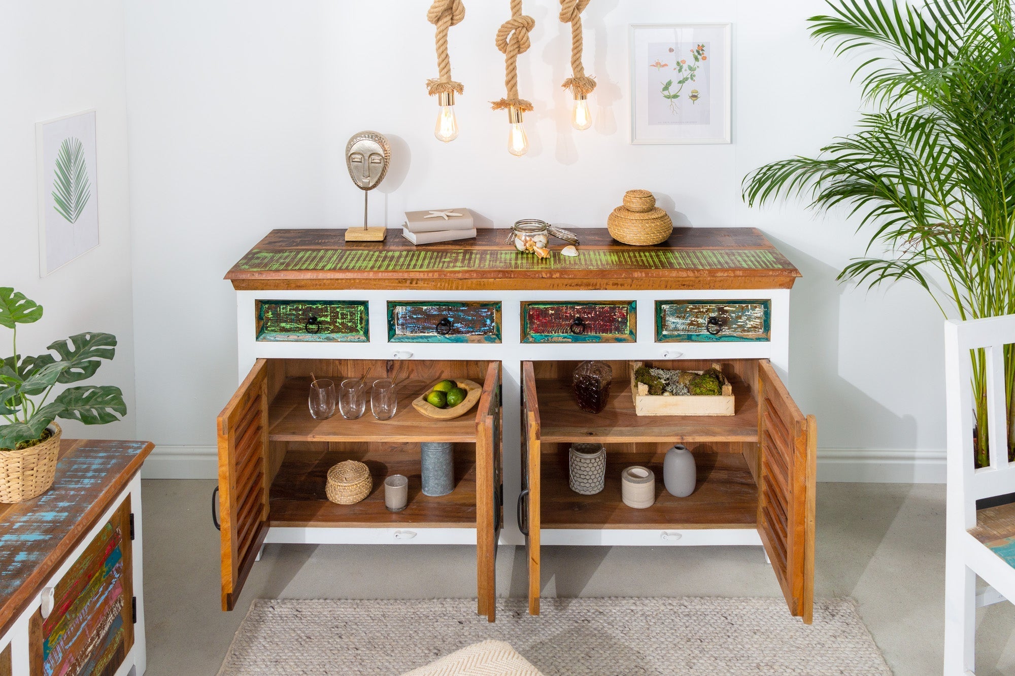 Buffet unique JAKARTA 160cm blanc coloré en bois massif recyclé provenant de bateaux de pêche