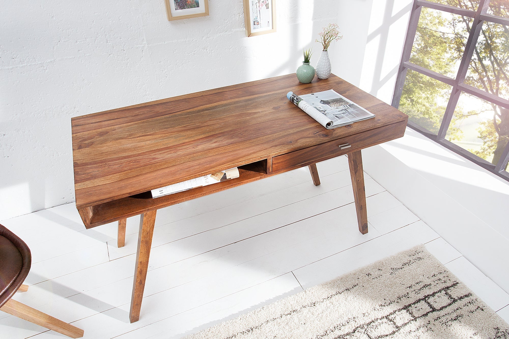 Bureau design RETRO 120cm bois de sheesham marron finition pierre design classique