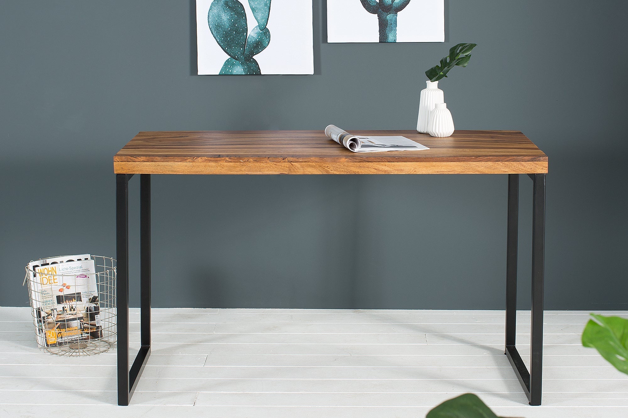 Bureau élégant ELEMENTS 118cm structure métal finition pierre Sheesham marron