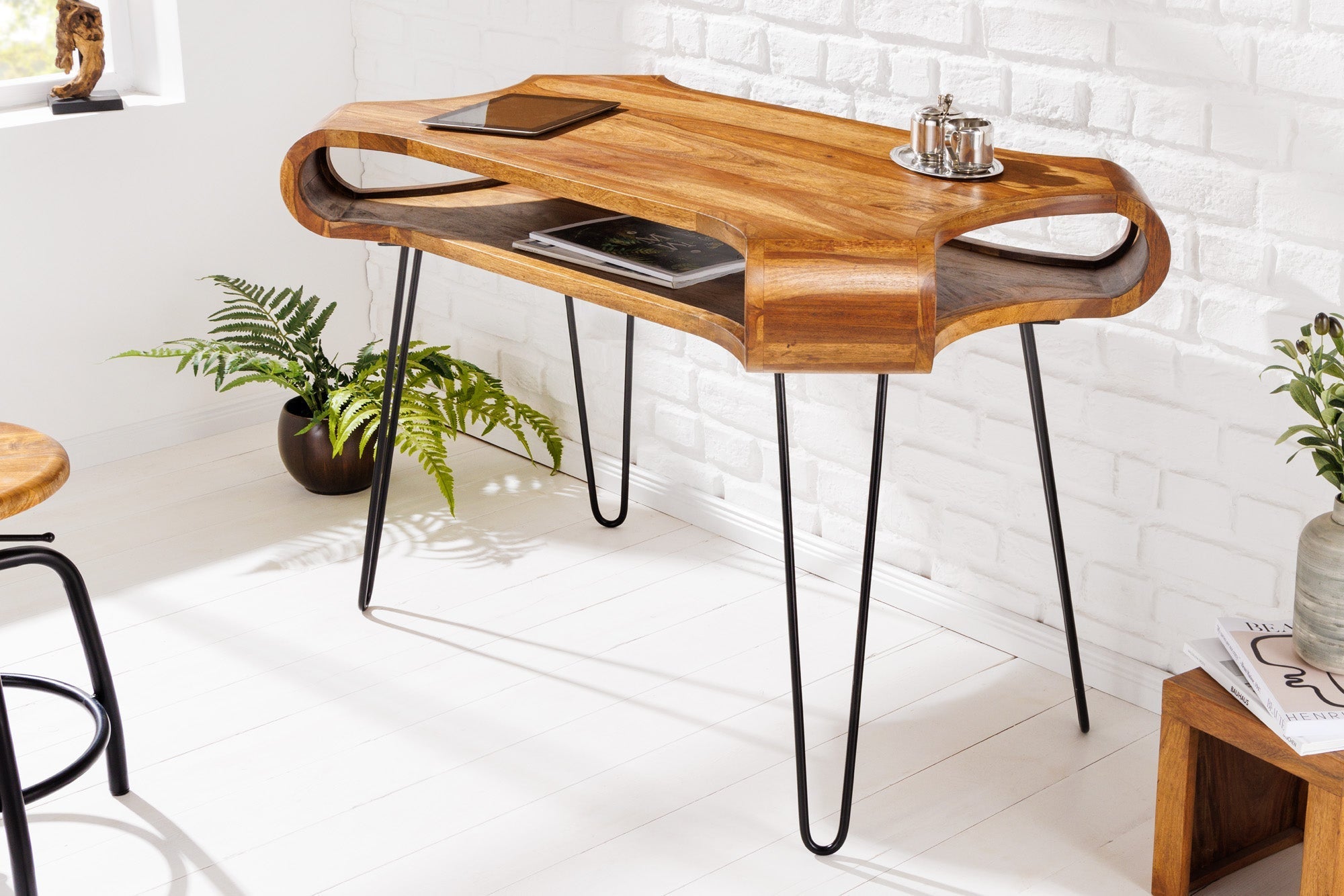 Bureau en bois massif ORGANIC LIVING 120cm finition pierre de Sheesham marron avec rangements