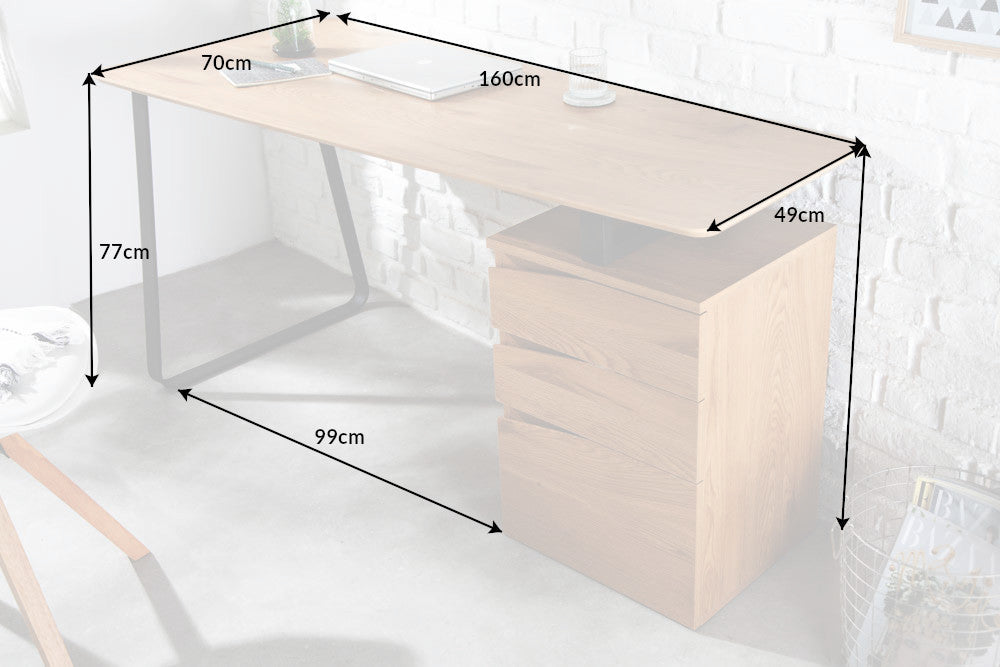 Bureau industriel STUDIO 160cm aspect chêne avec 3 tiroirs