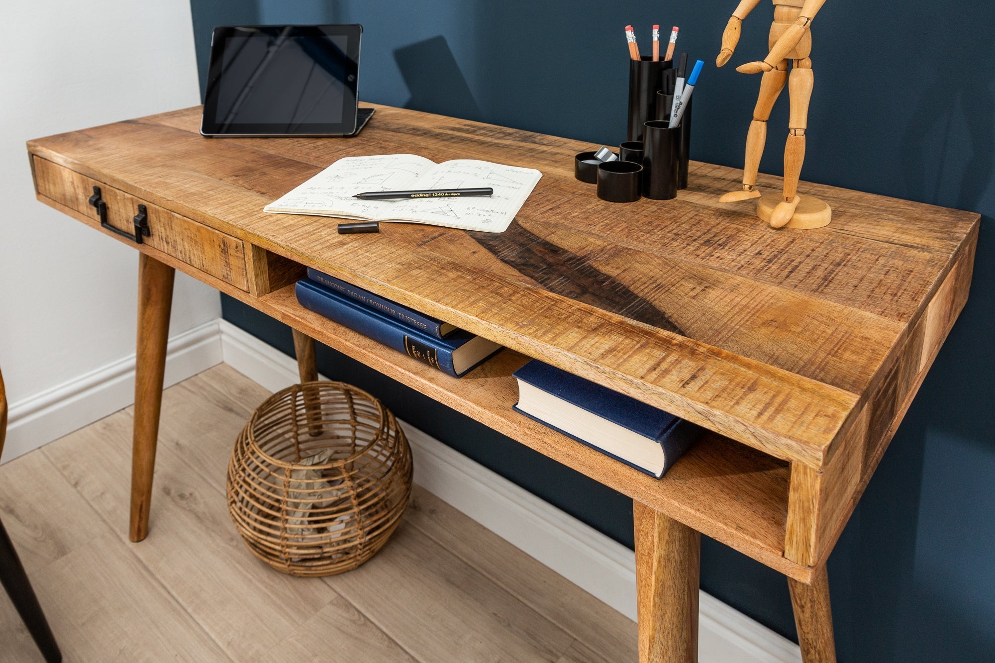 Bureau massif RETRO 120cm table de bureau en manguier avec tiroir