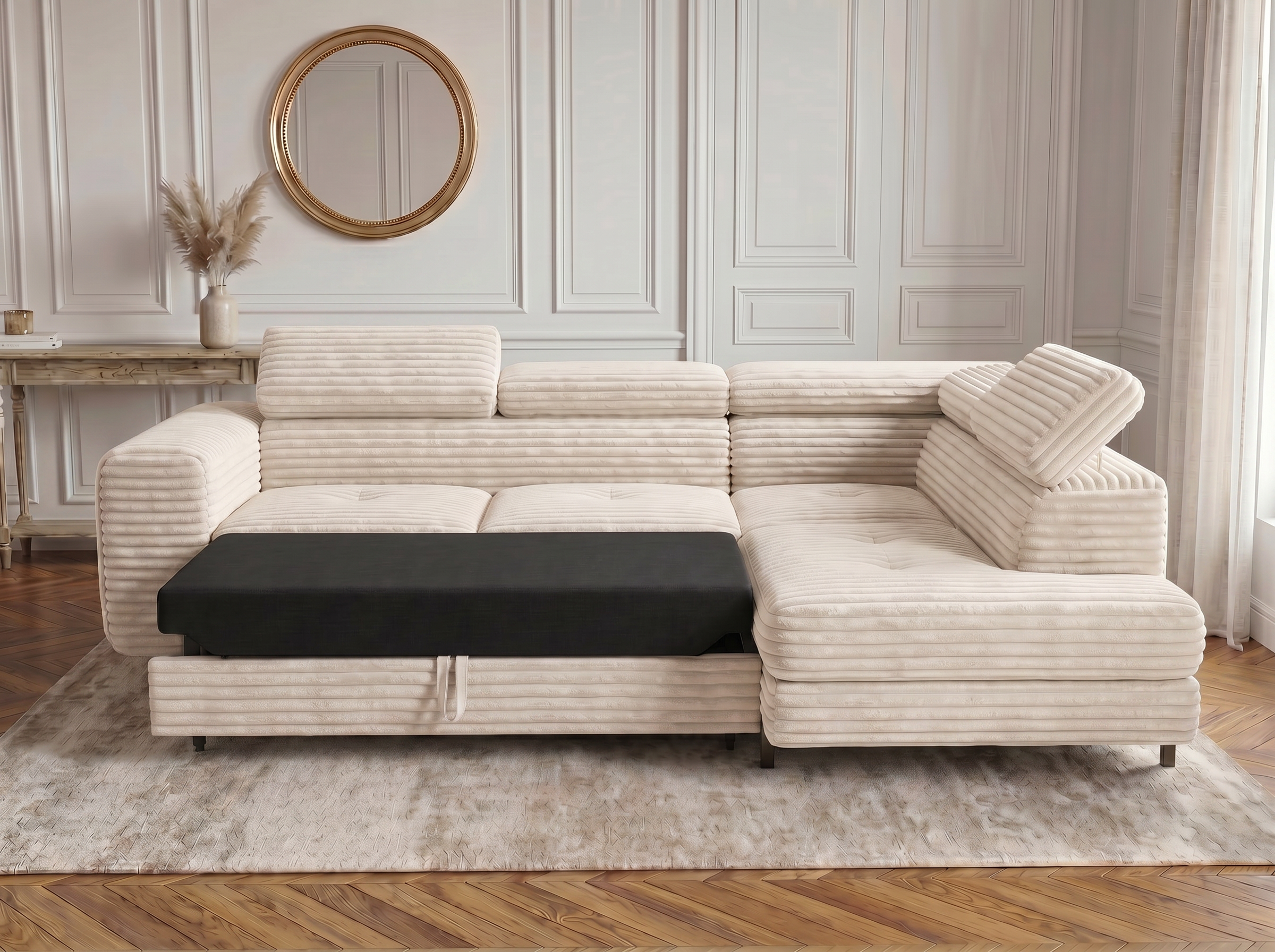 Canapé d'angle convertible Iéna – Velours côtelé épais beige – photo 2