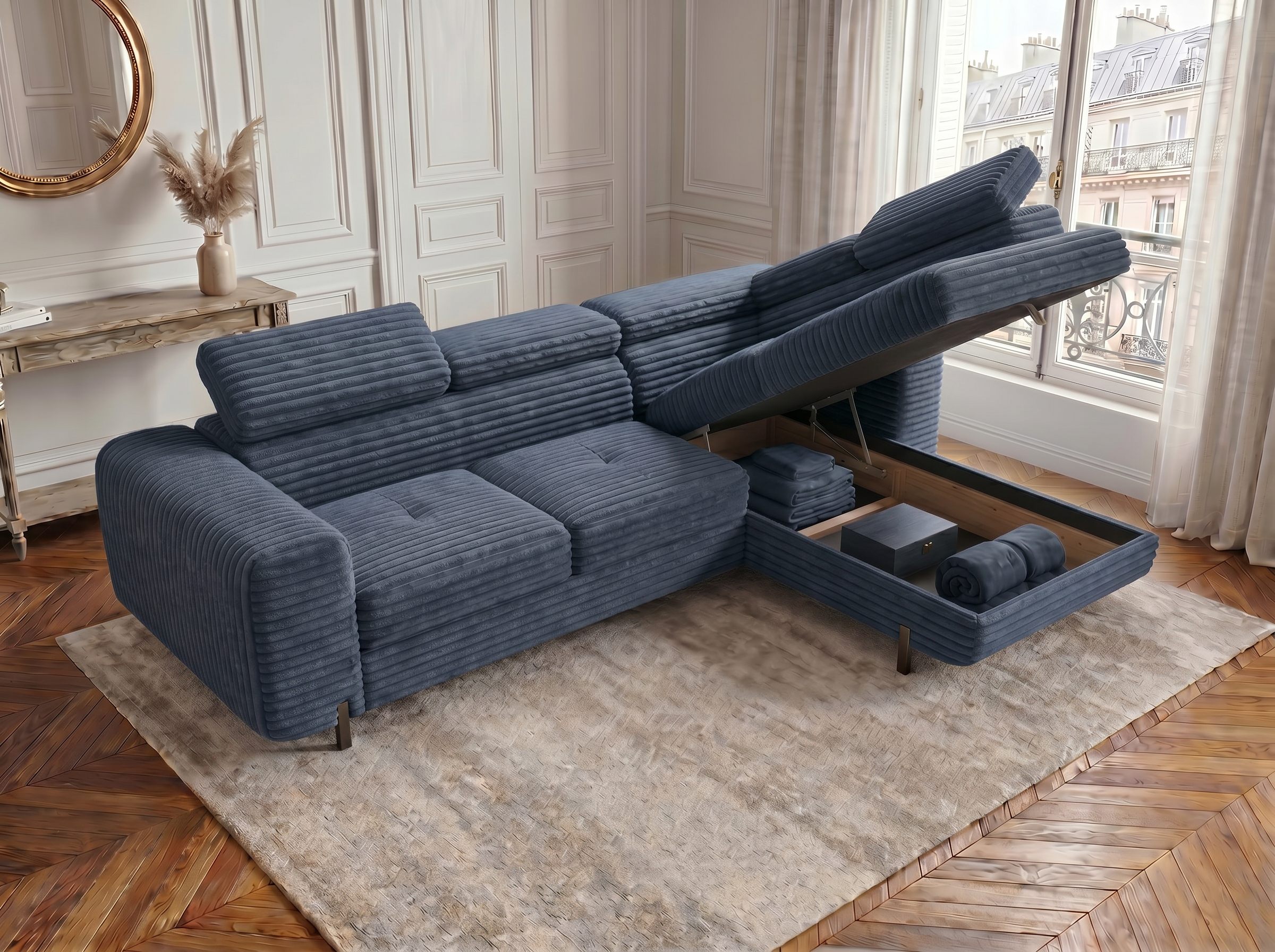 Canapé d'angle convertible Iéna – Velours côtelé épais bleu – photo 7