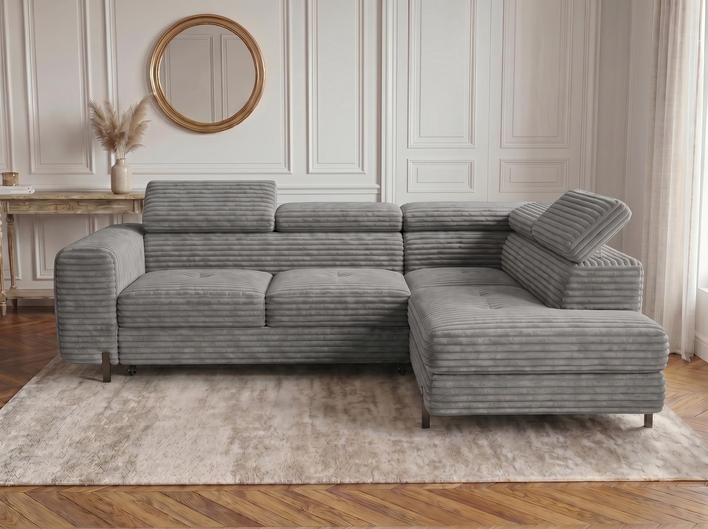 Canapé d'angle convertible Iéna – Velours côtelé épais gris clair – photo 3