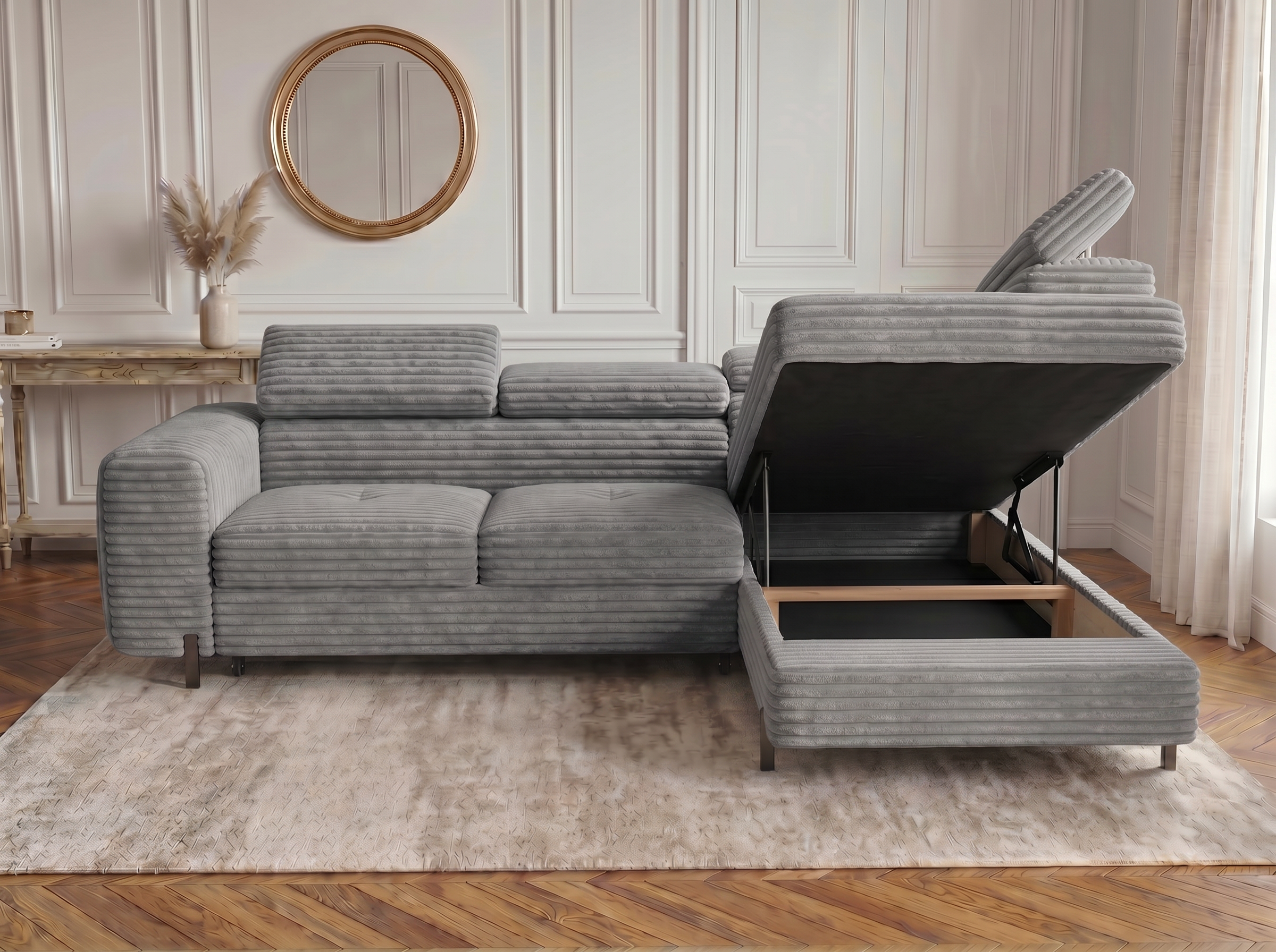 Canapé d'angle convertible Iéna – Velours côtelé épais gris clair – photo 7