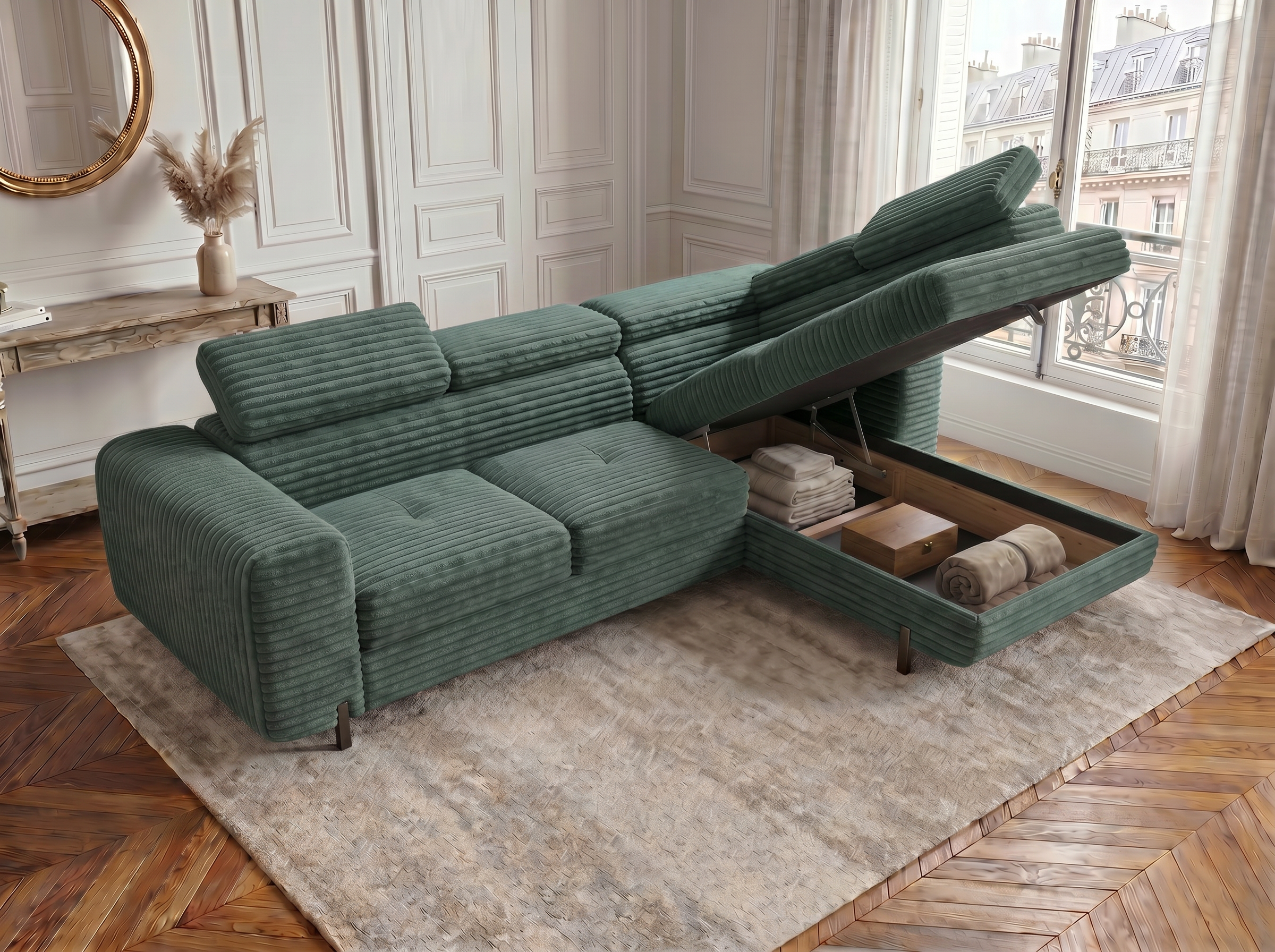 Canapé d'angle convertible Iéna – Velours côtelé épais vert – photo 7