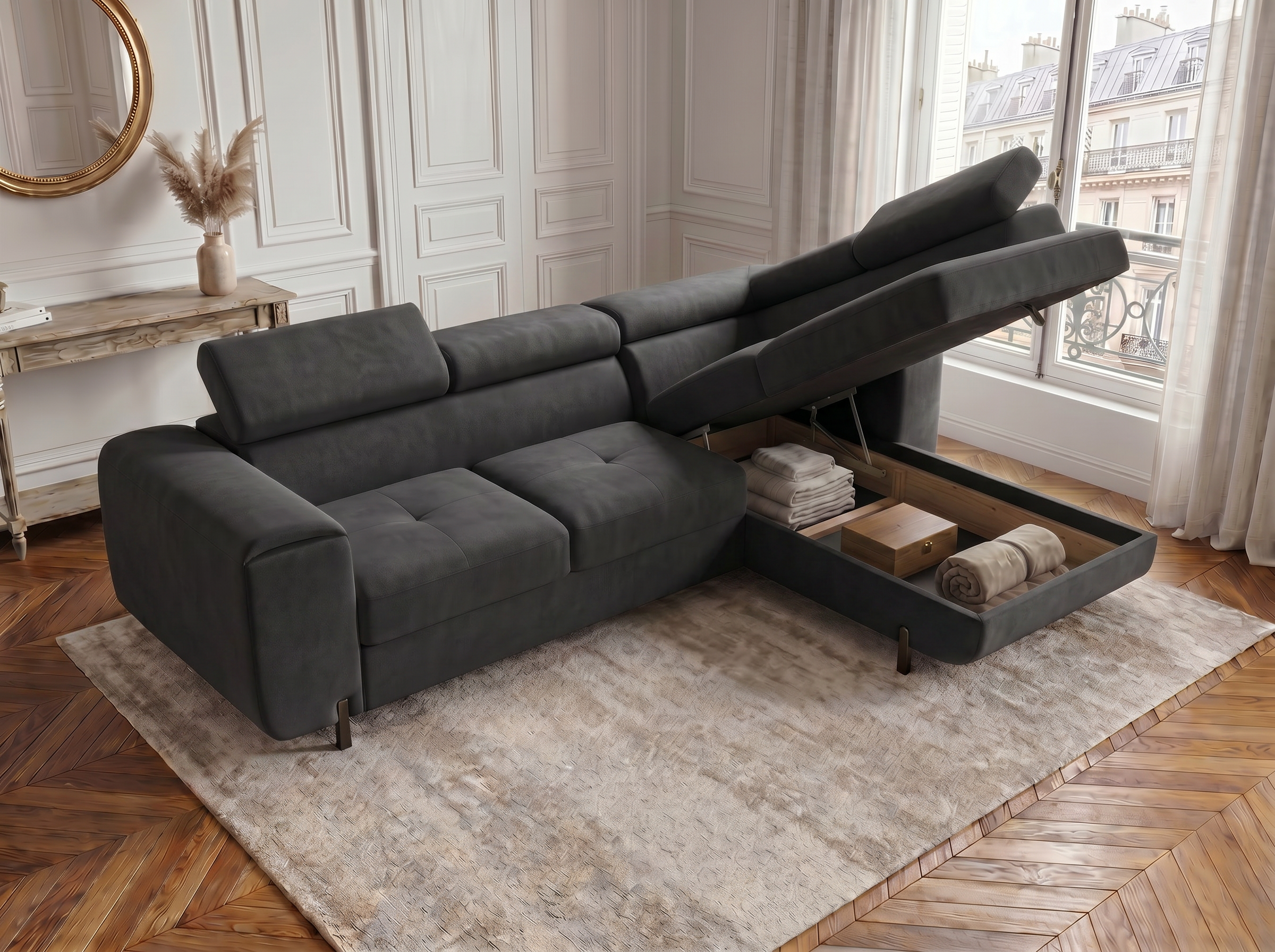 Canapé d'angle convertible Iéna – Velours gris foncé – photo 7