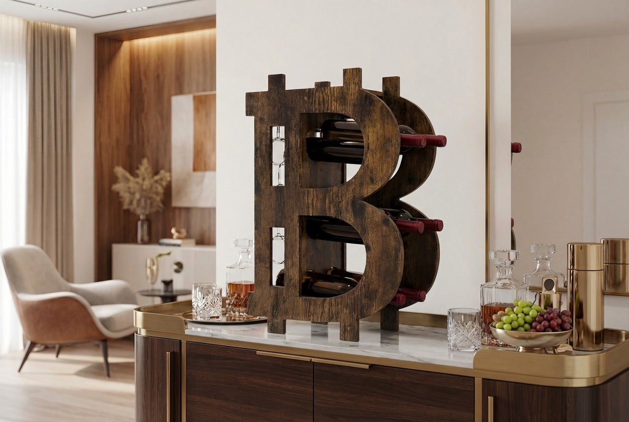Casier à vin élégant BITCOIN 70cm étagère en bois naturel pour 10 bouteilles et 4 verres